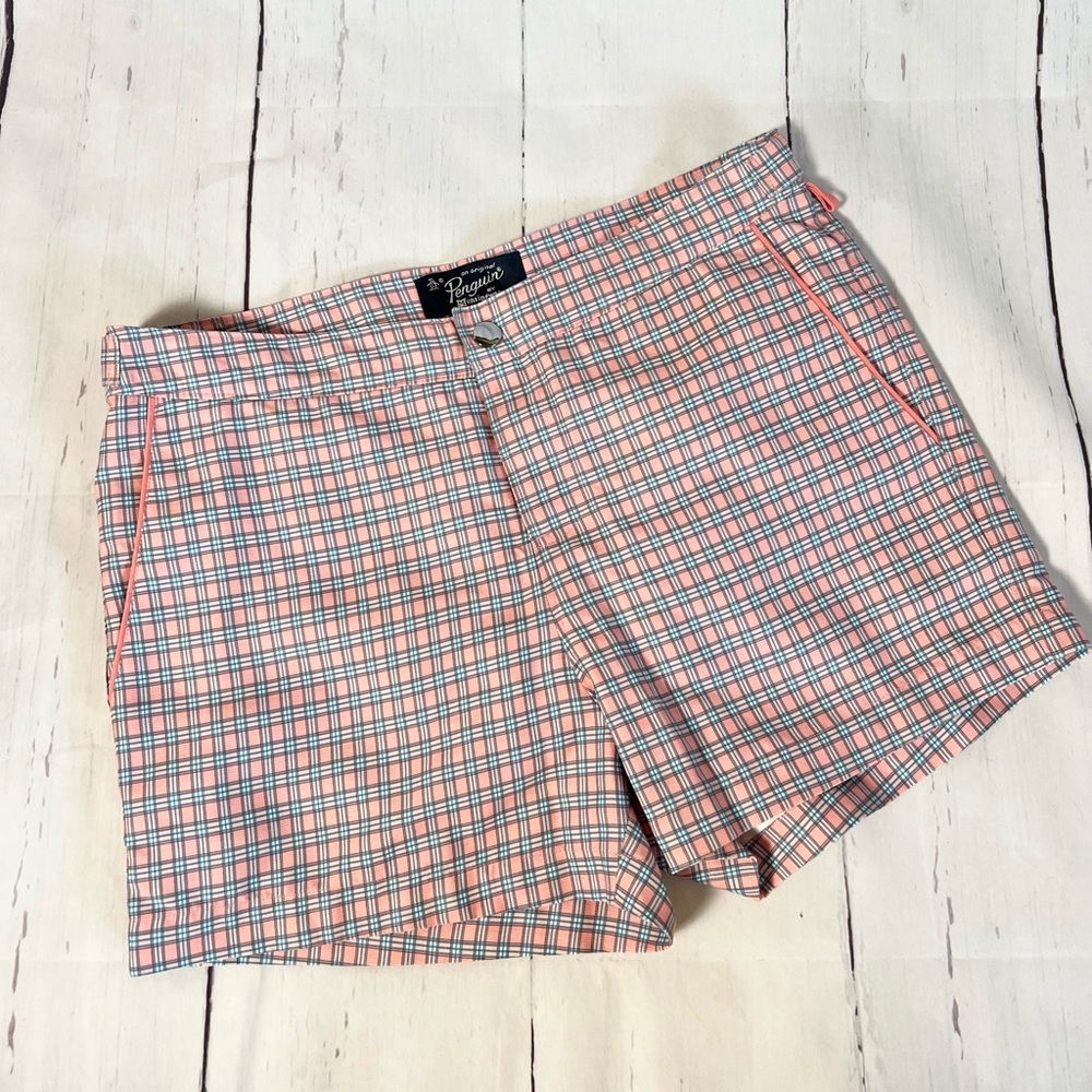 NWT Original Penguin Men's Hybrid Swim Trunks 32 Coral Blue Plaid Board Shorts - Picture 14 of 14